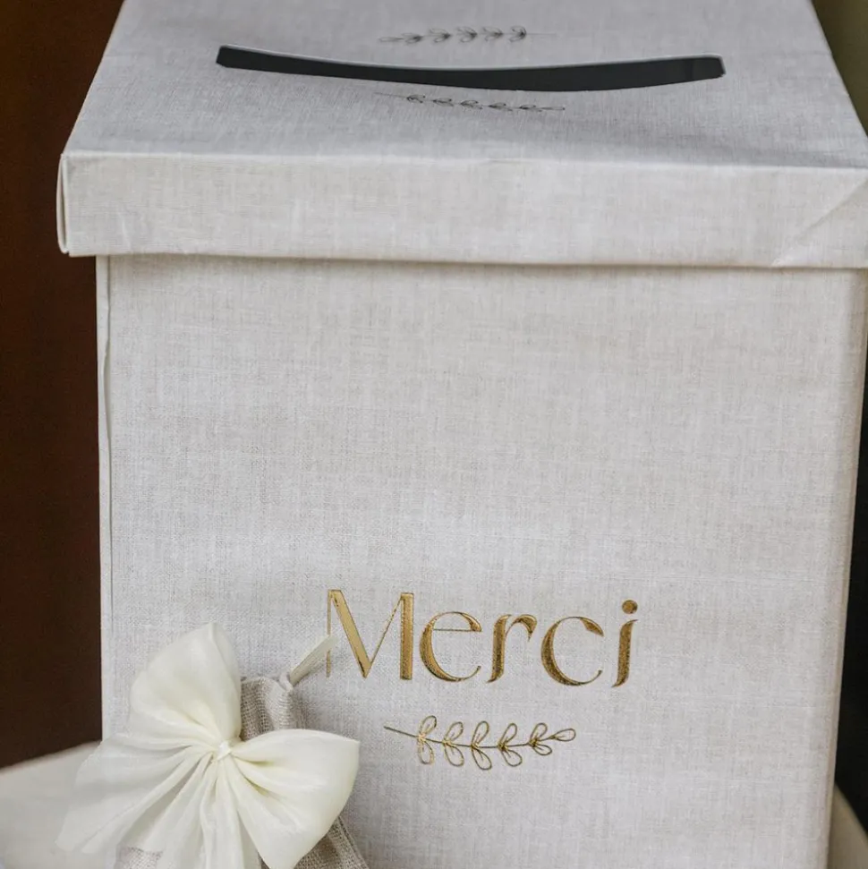 URNE CARTON MERCI BRANCHE LAURIER OR 21X25CM LIN