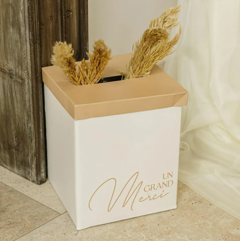 URNE CARTON UN GRAND MERCI 21.5X25CM CRÈME CAMEL