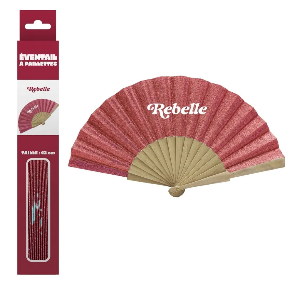 ÉVENTAIL PAILLETTES REBELLE 42CM ROUGE