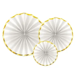 3 ÉVENTAILS DÉCO BLANC BORD OR 23-32-40CM