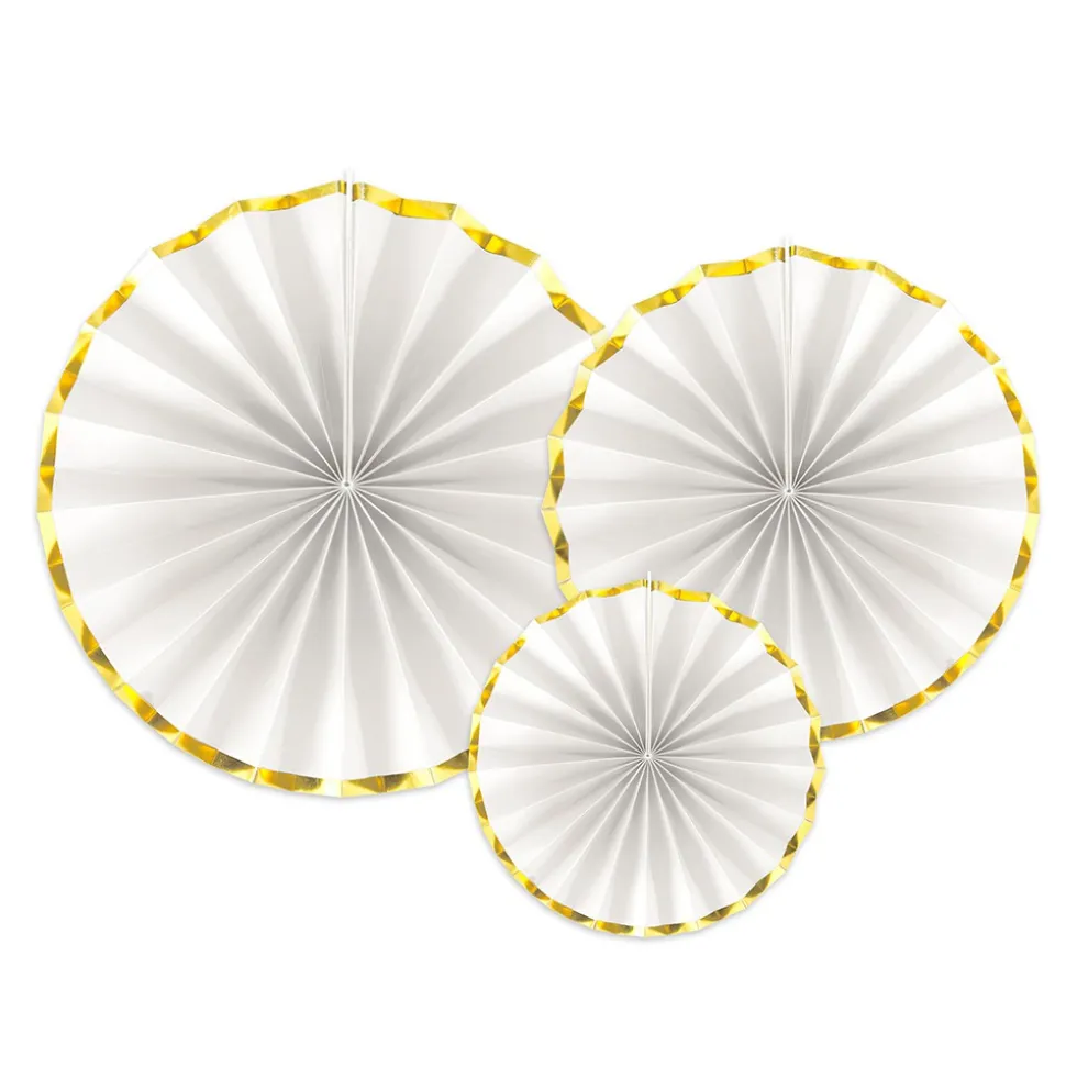 3 ÉVENTAILS DÉCO BLANC BORD OR 23-32-40CM