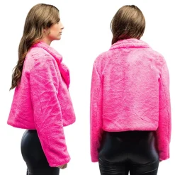 VESTE FLUFFY PELUCHE ROSE VIF FEMME